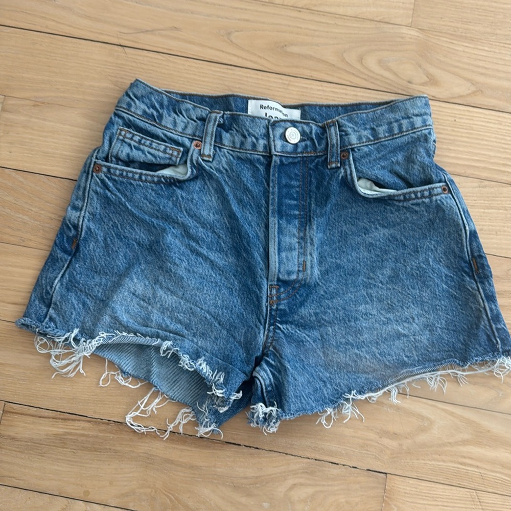 Reformation Blue Jean Shorts Frayed Hem Casual